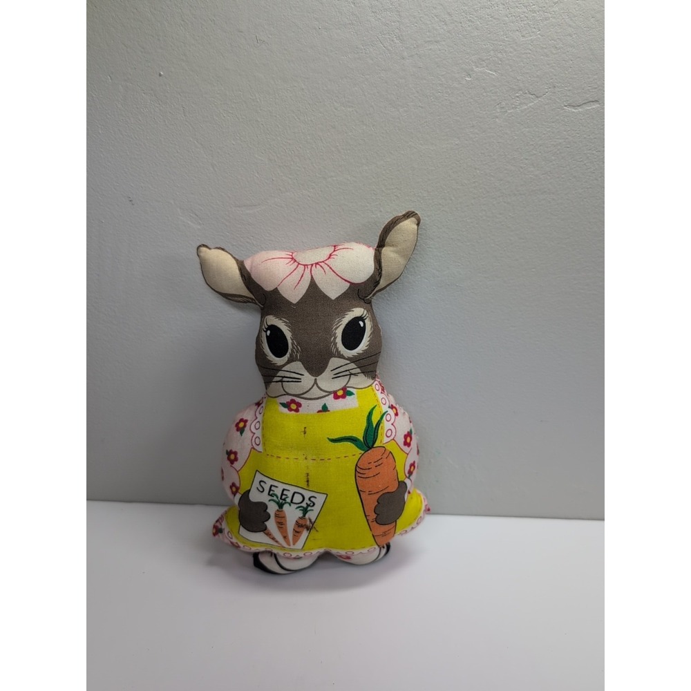 Vintage Hand Made Material Girl Rabbit with Carrot Seeds Pillow Plush Toy 8in